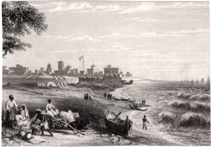 [beach scene with town in background]